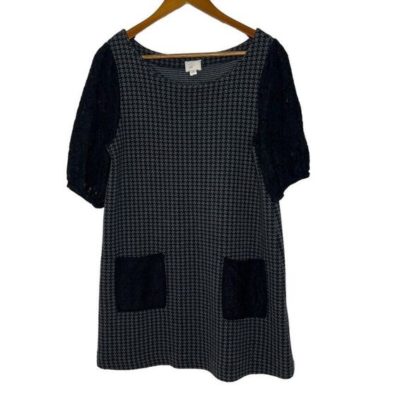 Postmark Women's Size M Houndstooth Dress Black Lace Puff Sleeve Pockets Anthro - Picture 1 of 9
